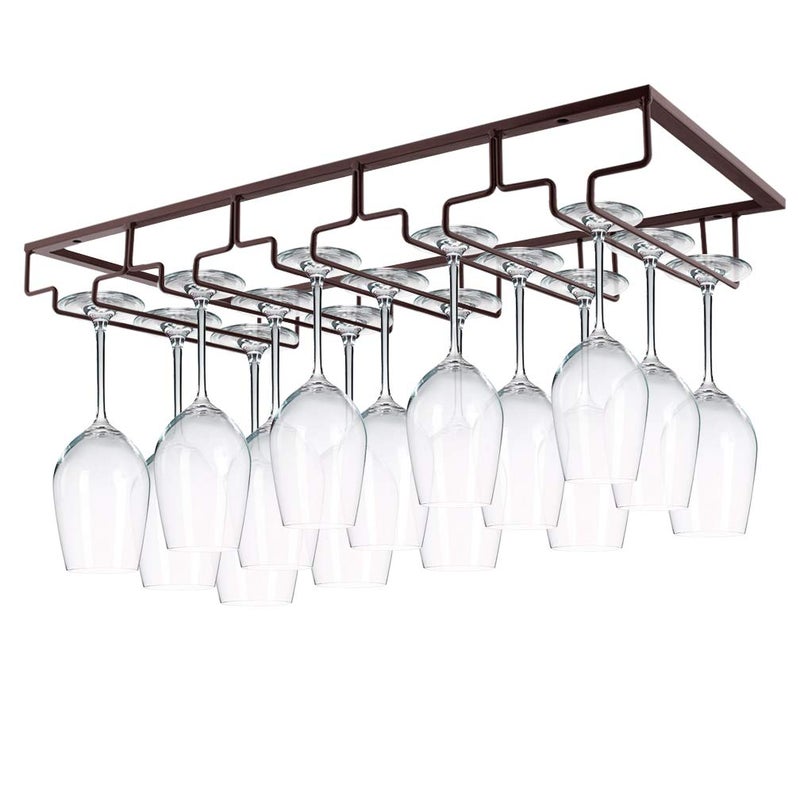 MOCOUM Wine Glasses Rack Under Cabinet Stemware Rack, Wine Glass Hanger Rack Wire Wine Glass Holder Storage Hanger for Cabinet Kitchen Bar (Brown, 5 Rows 1 Pack) - Image 1